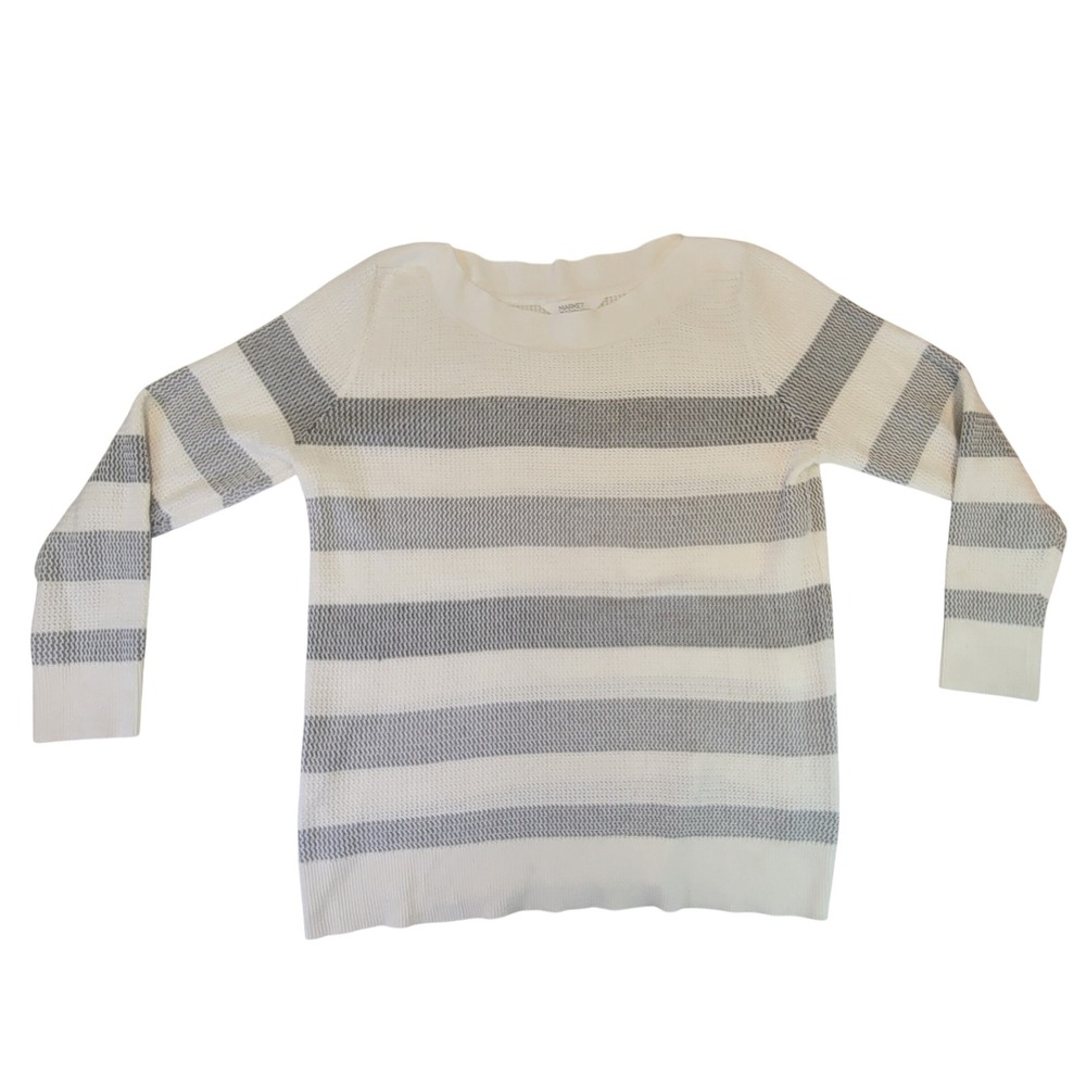 Market & Spruce Striped Knit Sweater Long Sleeve Women's Large Cream Gray